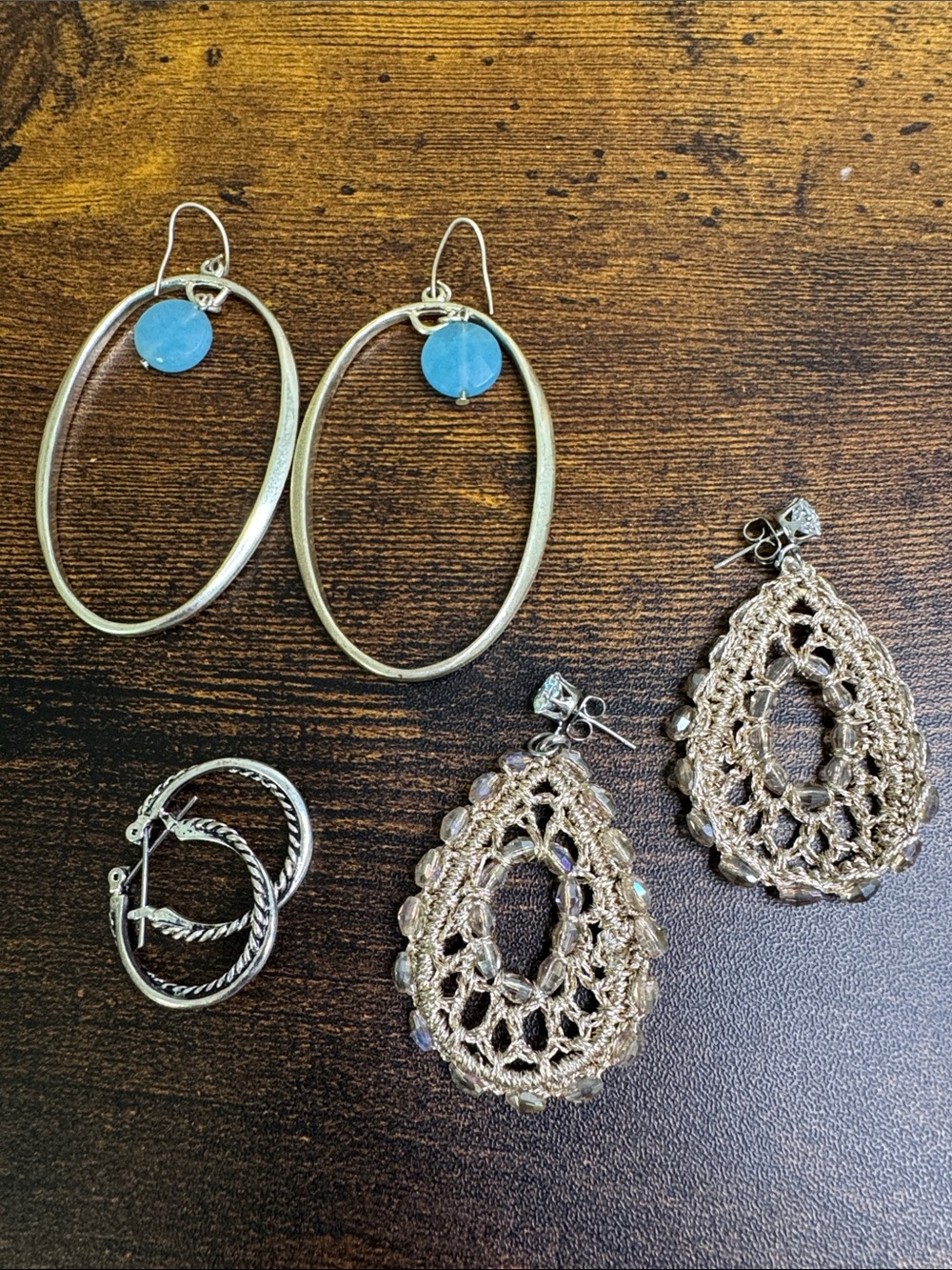 Gold-Tone and Silver Earrings Bundle Crochet Teardrop Hoops Blue Stone
